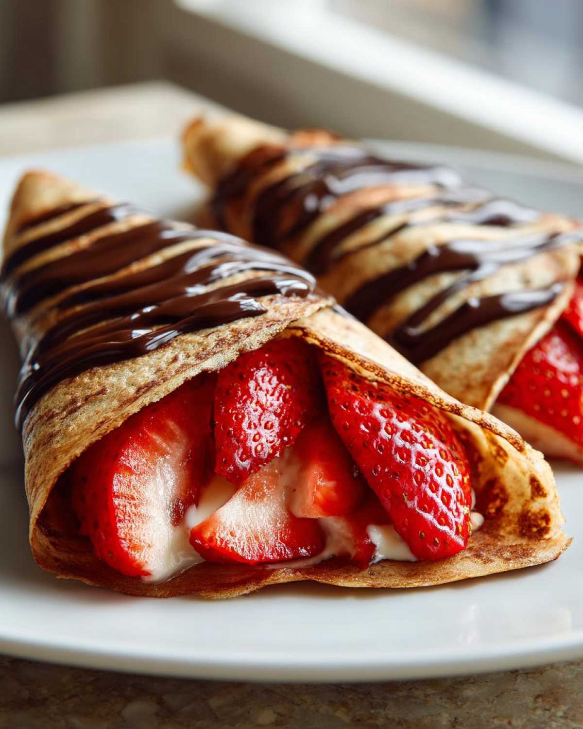 Two folded Gluten-Free Chocolate Strawberry Crepes filled with fresh strawberries and drizzled with chocolate sauce.