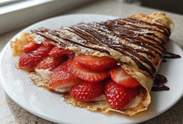 A folded Gluten-Free Chocolate Strawberry Crepe filled with fresh strawberries and cream, drizzled with chocolate sauce and powdered sugar.