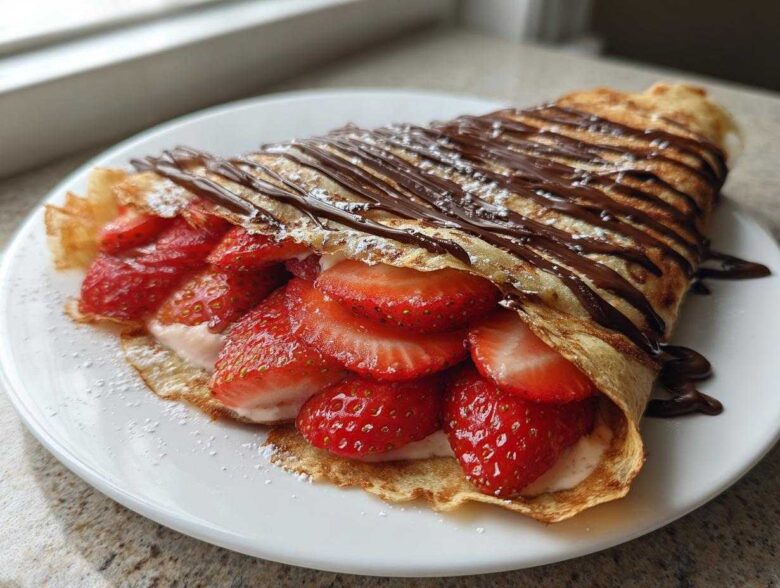 A folded Gluten-Free Chocolate Strawberry Crepe filled with fresh strawberries and cream, drizzled with chocolate sauce and powdered sugar.