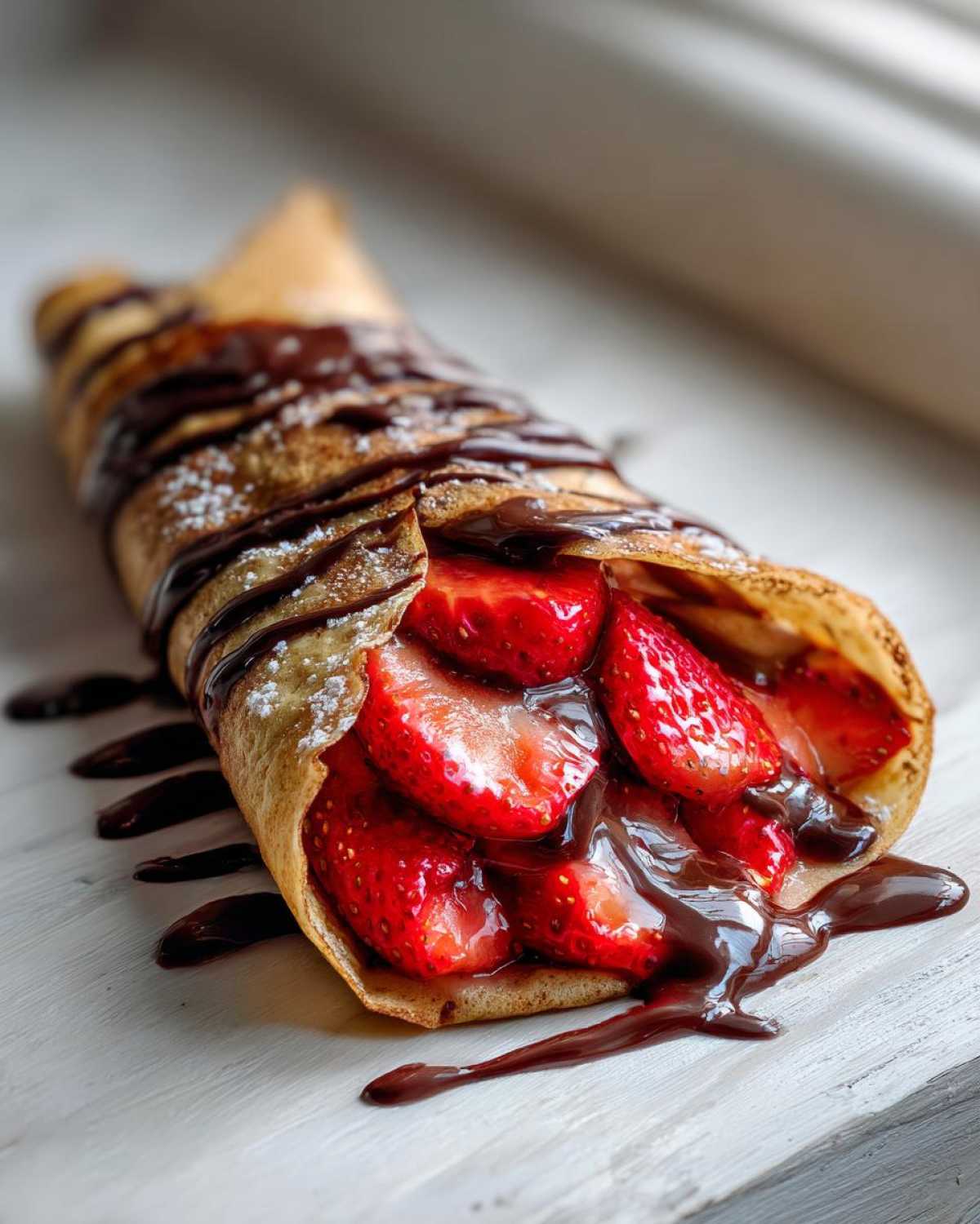 A folded Gluten-Free Chocolate Strawberry Crepes filled with fresh strawberries and drizzled with chocolate sauce.