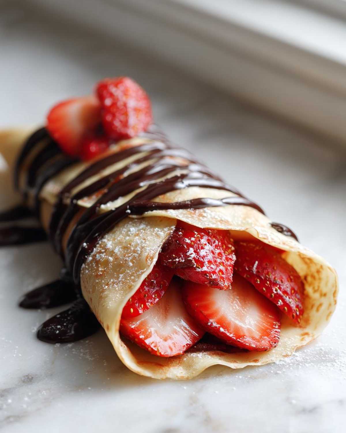 A close-up of a Gluten-Free Chocolate Strawberry Crepe filled with fresh strawberries and drizzled with chocolate sauce.