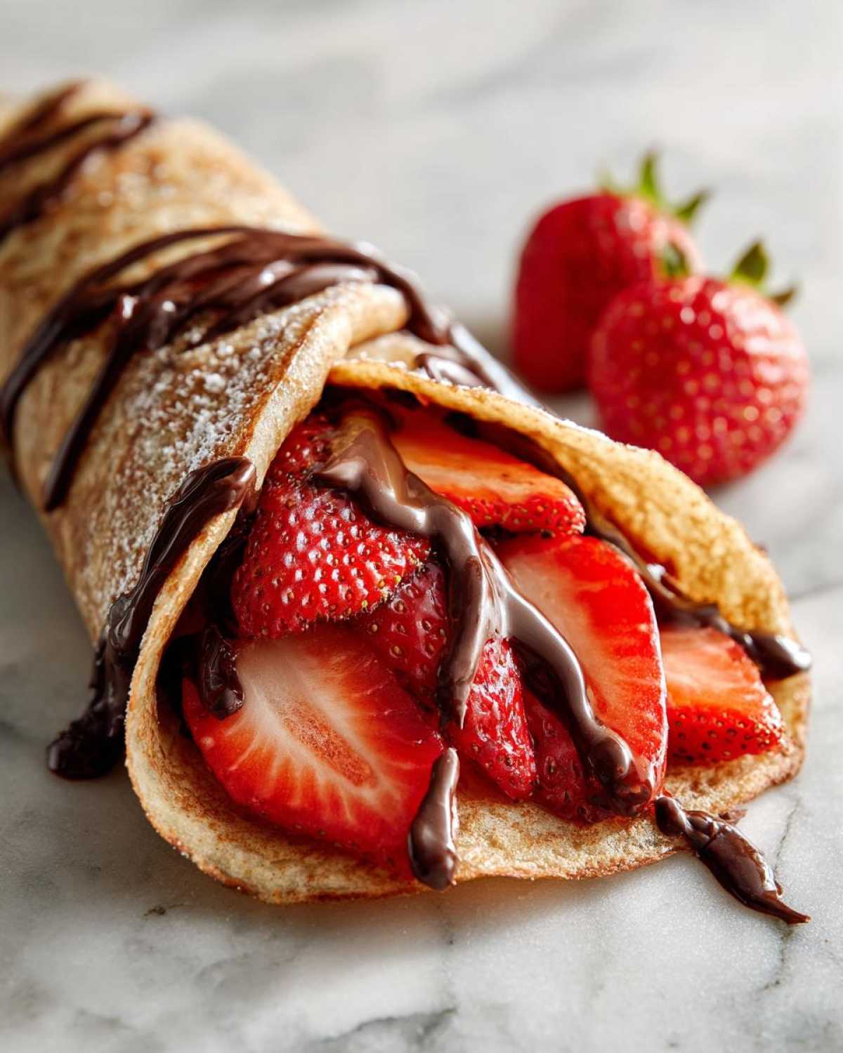 Close-up of a rolled Gluten-Free Chocolate Strawberry Crepes filled with fresh strawberries and drizzled with chocolate sauce.