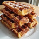 A close-up stack of golden Gluten-Free Cinnamon Sugar Waffle Sticks heavily coated in sparkling cinnamon sugar.