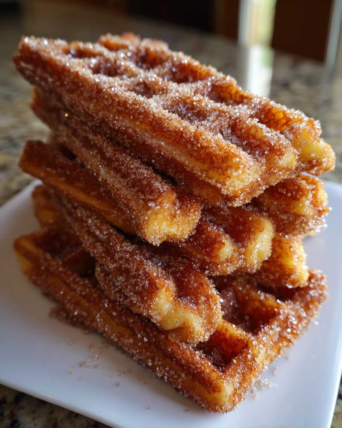 A tall stack of golden brown Gluten-Free Cinnamon Sugar Waffle Sticks heavily coated in sparkling cinnamon sugar.