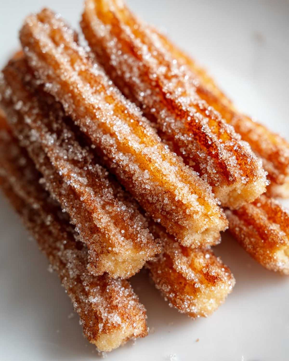 A close-up stack of golden-brown Gluten-Free Cinnamon Sugar Waffle Sticks heavily coated in sparkling cinnamon sugar.