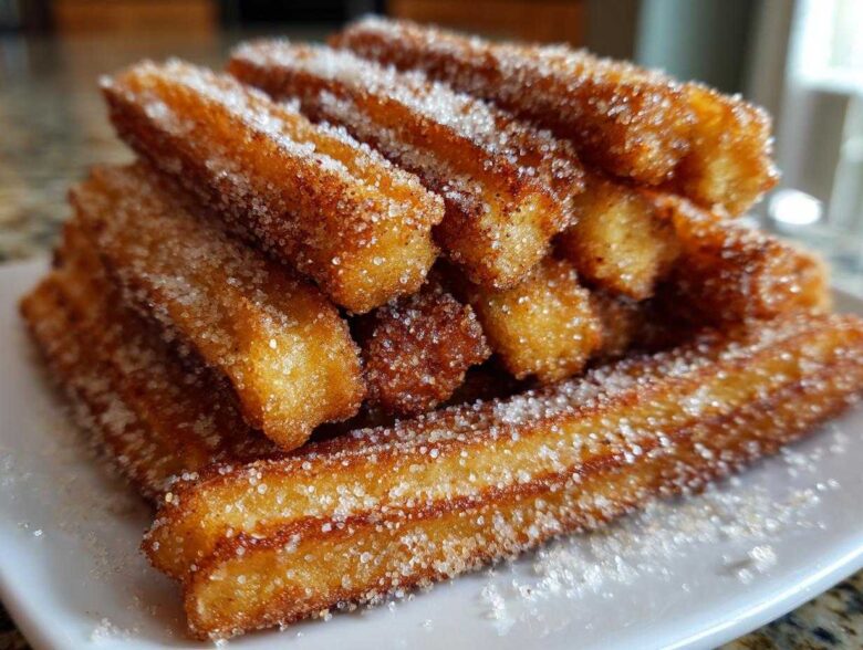 A close-up stack of golden brown Gluten-Free Cinnamon Sugar Waffle Sticks heavily coated in sparkling sugar.
