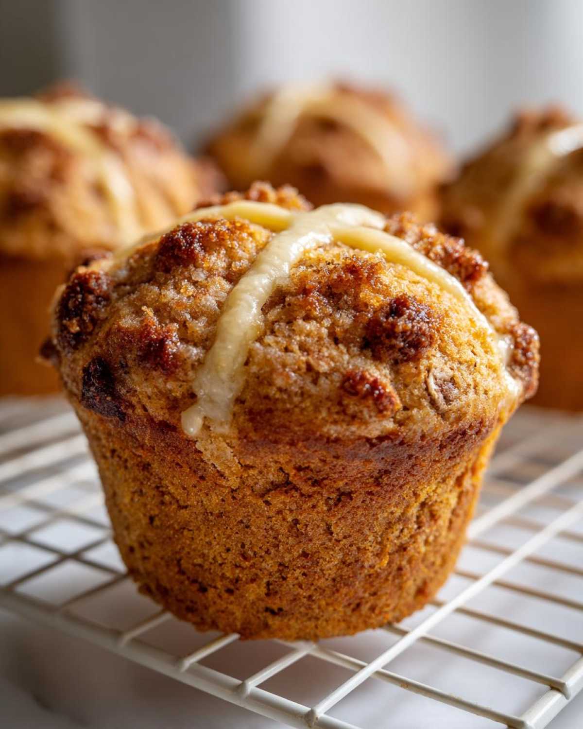 A close-up of a freshly baked Gluten-Free Hot Cross Bun Muffin topped with a white icing cross, resting on a cooling rack.