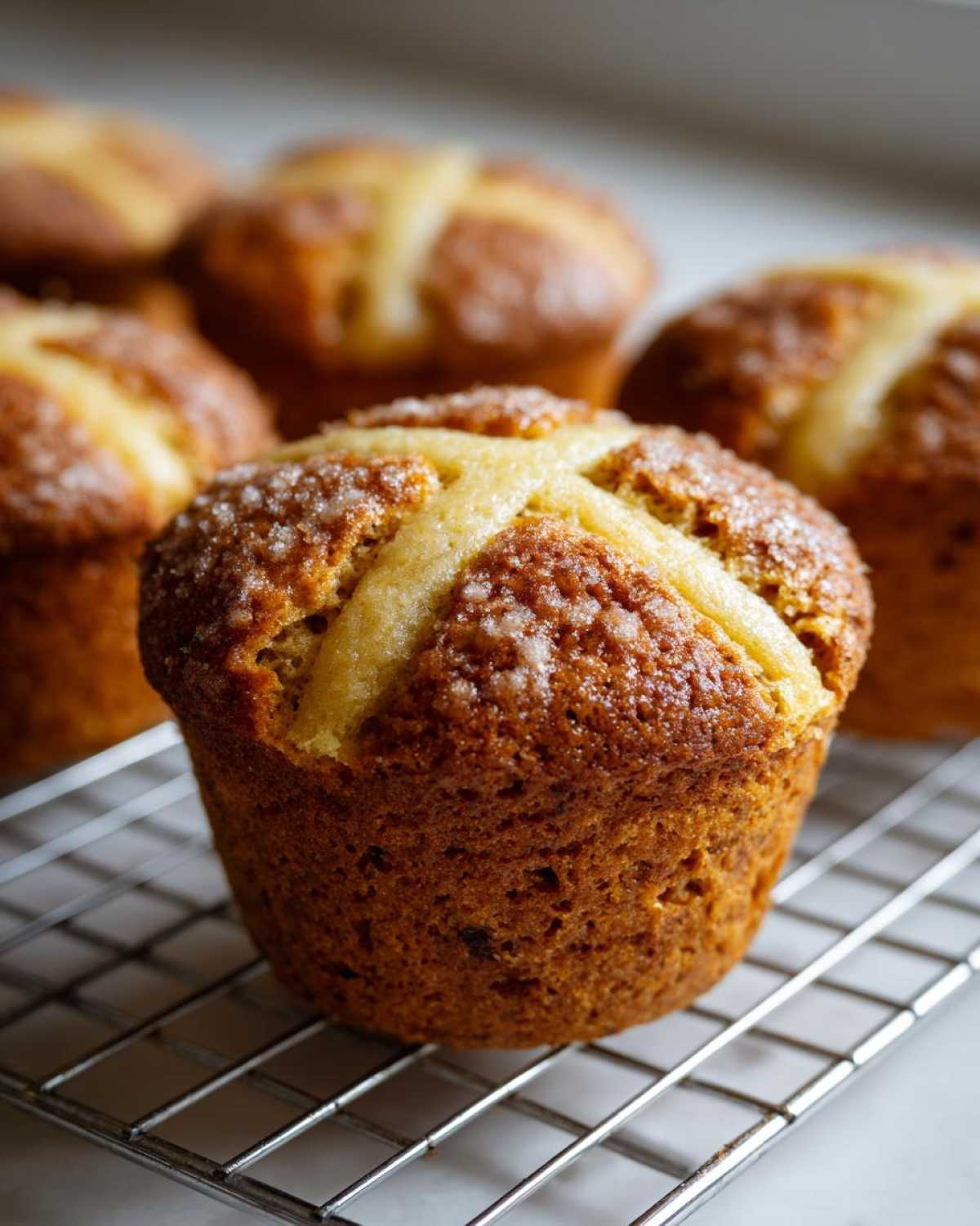 A close-up of one freshly baked Gluten-Free Hot Cross Bun Muffin topped with a cross and sparkling sugar, resting on a cooling rack.