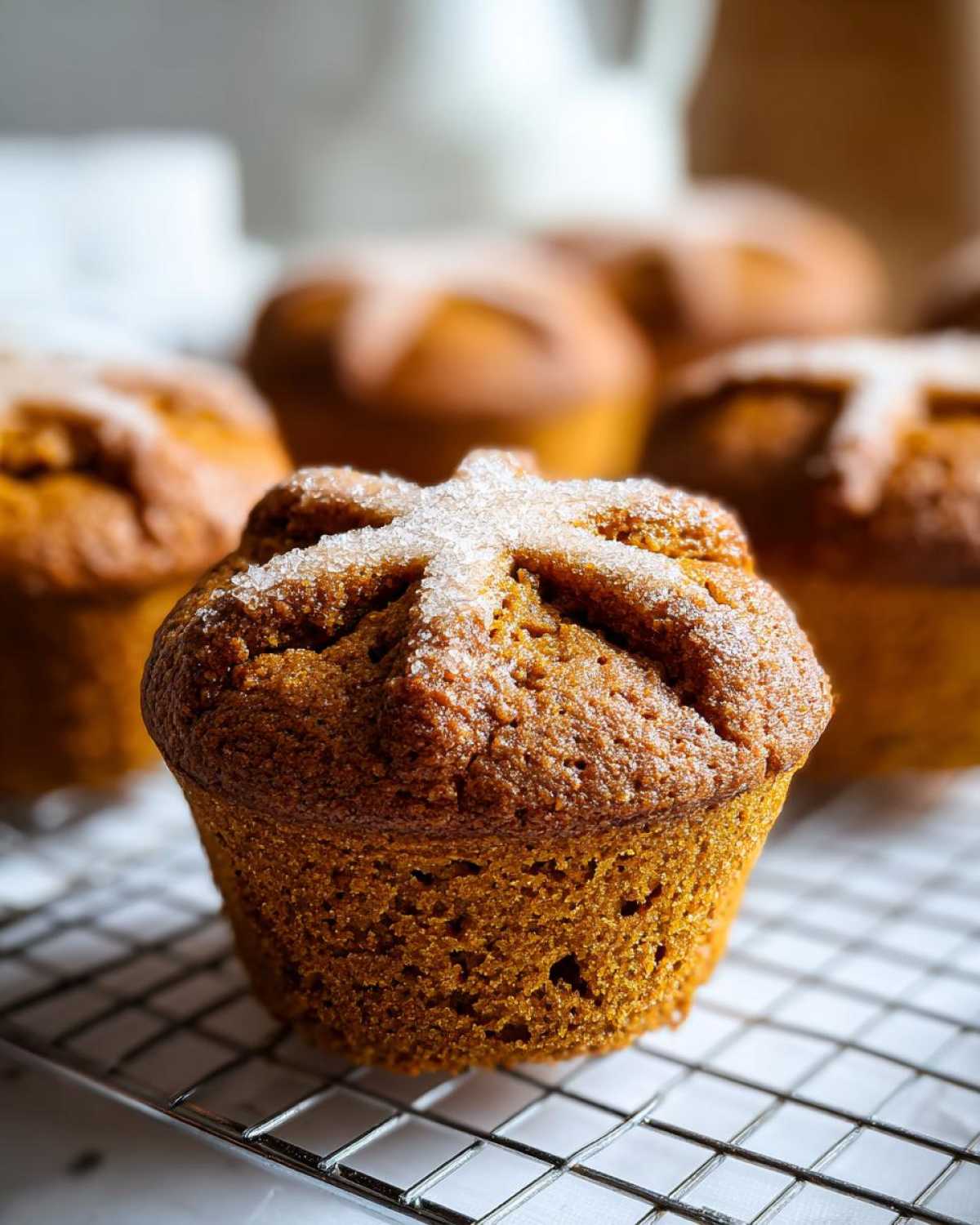 A close-up of one perfectly baked Gluten-Free Hot Cross Bun Muffin topped with a sugary cross, resting on a cooling rack.