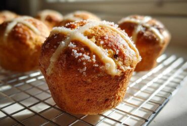 A close-up of a freshly baked Gluten-Free Hot Cross Bun Muffin topped with icing cross and coarse sugar.