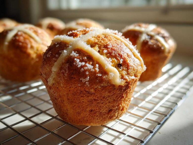 A close-up of a freshly baked Gluten-Free Hot Cross Bun Muffin topped with icing cross and coarse sugar.