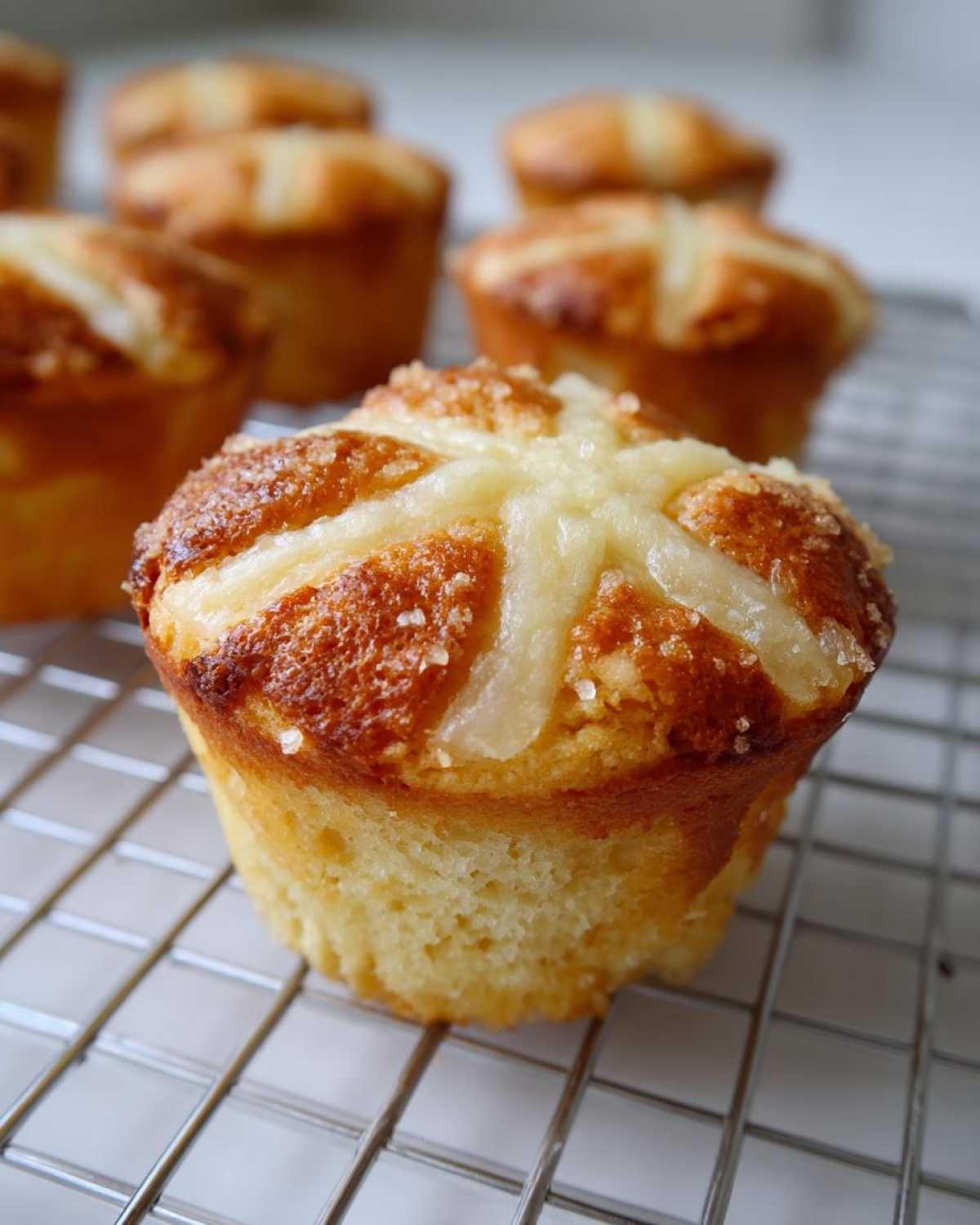 A close-up of one freshly baked Gluten-Free Hot Cross Bun Muffin with a white cross topping and sugar crystals, resting on a wire rack.