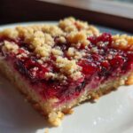 Close-up of a single serving of Gluten-Free Lemon Berry Crumble Bars with bright red berry filling and crumb topping.