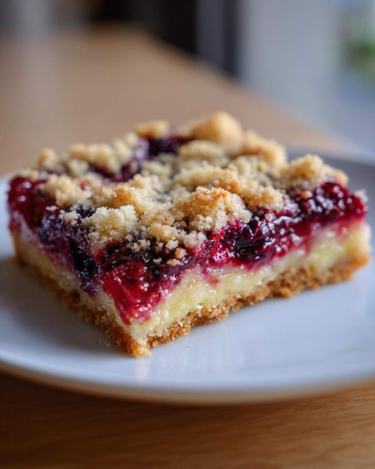 Close-up of a square slice of Gluten-Free Lemon Berry Crumble Bars with a thick berry layer and crumb topping.