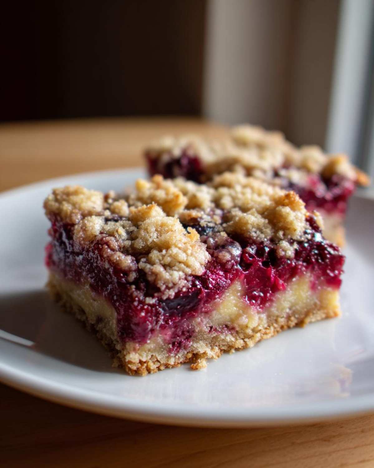 A close-up of a square slice of Gluten-Free Lemon Berry Crumble Bars showing the thick berry filling and crumb topping.