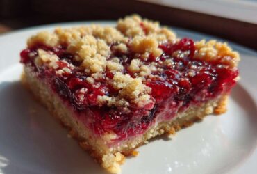 Close-up of a single serving of Gluten-Free Lemon Berry Crumble Bars with bright red berry filling and crumb topping.