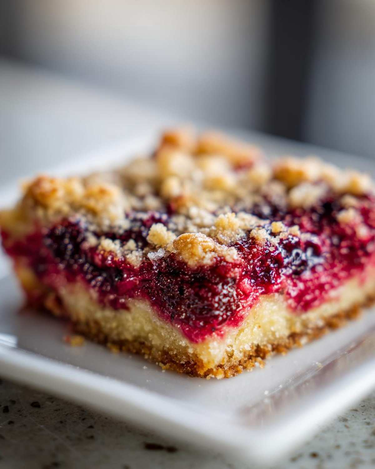 A close-up, macro shot of a single serving of Gluten-Free Lemon Berry Crumble Bars showing the crust, bright berry filling, and crumb topping.