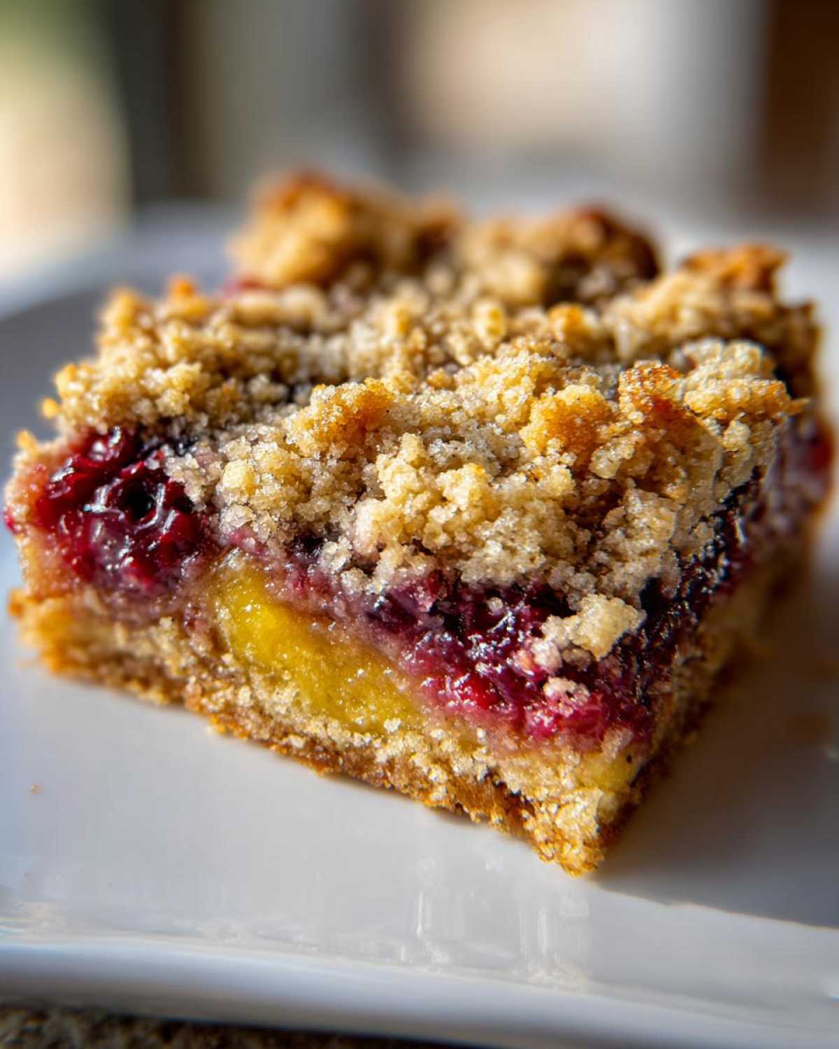 A close-up, cross-section view of a Gluten-Free Lemon Berry Crumble Bar showing the golden crust, bright yellow lemon layer, and dark berry filling topped with crumble.