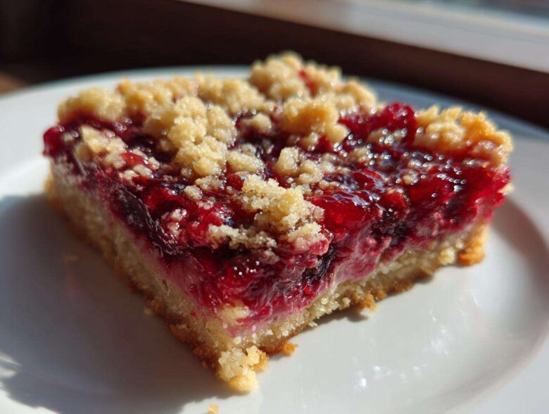 Close-up of a single serving of Gluten-Free Lemon Berry Crumble Bars with bright red berry filling and crumb topping.