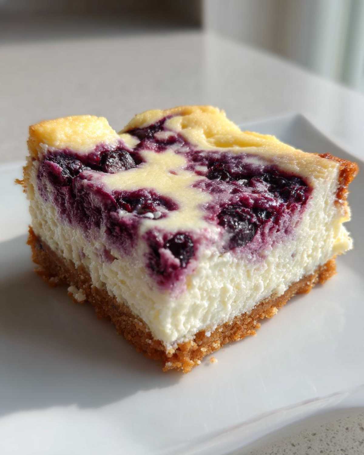 A single square of creamy Gluten-Free Lemon Blueberry Cheesecake Squares with a graham cracker crust, topped with swirled blueberries.