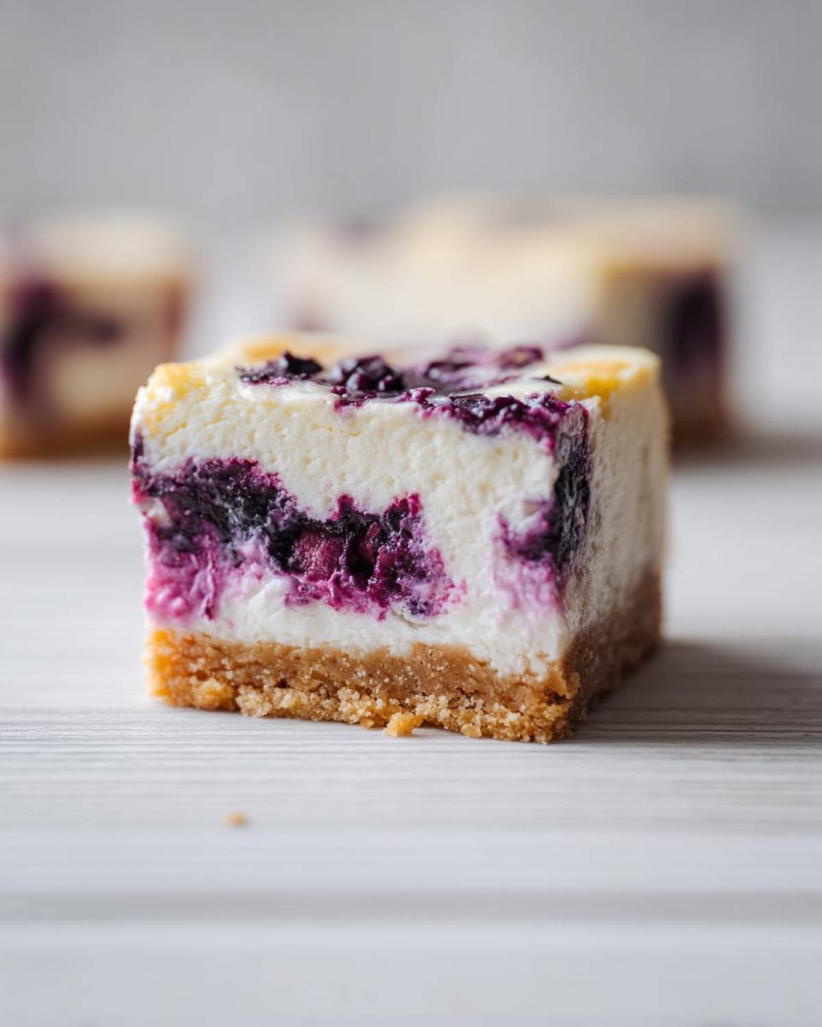 Close-up of a single square of Gluten-Free Lemon Blueberry Cheesecake Squares with a graham cracker crust.