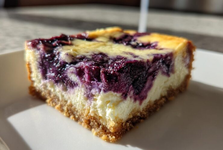 A close-up of a single serving of Gluten-Free Lemon Blueberry Cheesecake Squares showing the graham crust and creamy filling with swirls of blueberry.