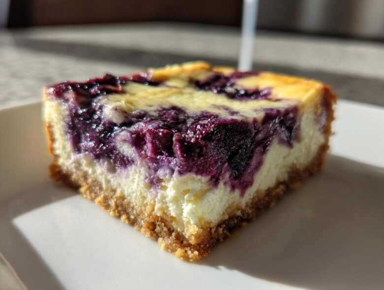 A close-up of a single serving of Gluten-Free Lemon Blueberry Cheesecake Squares showing the graham crust and creamy filling with swirls of blueberry.