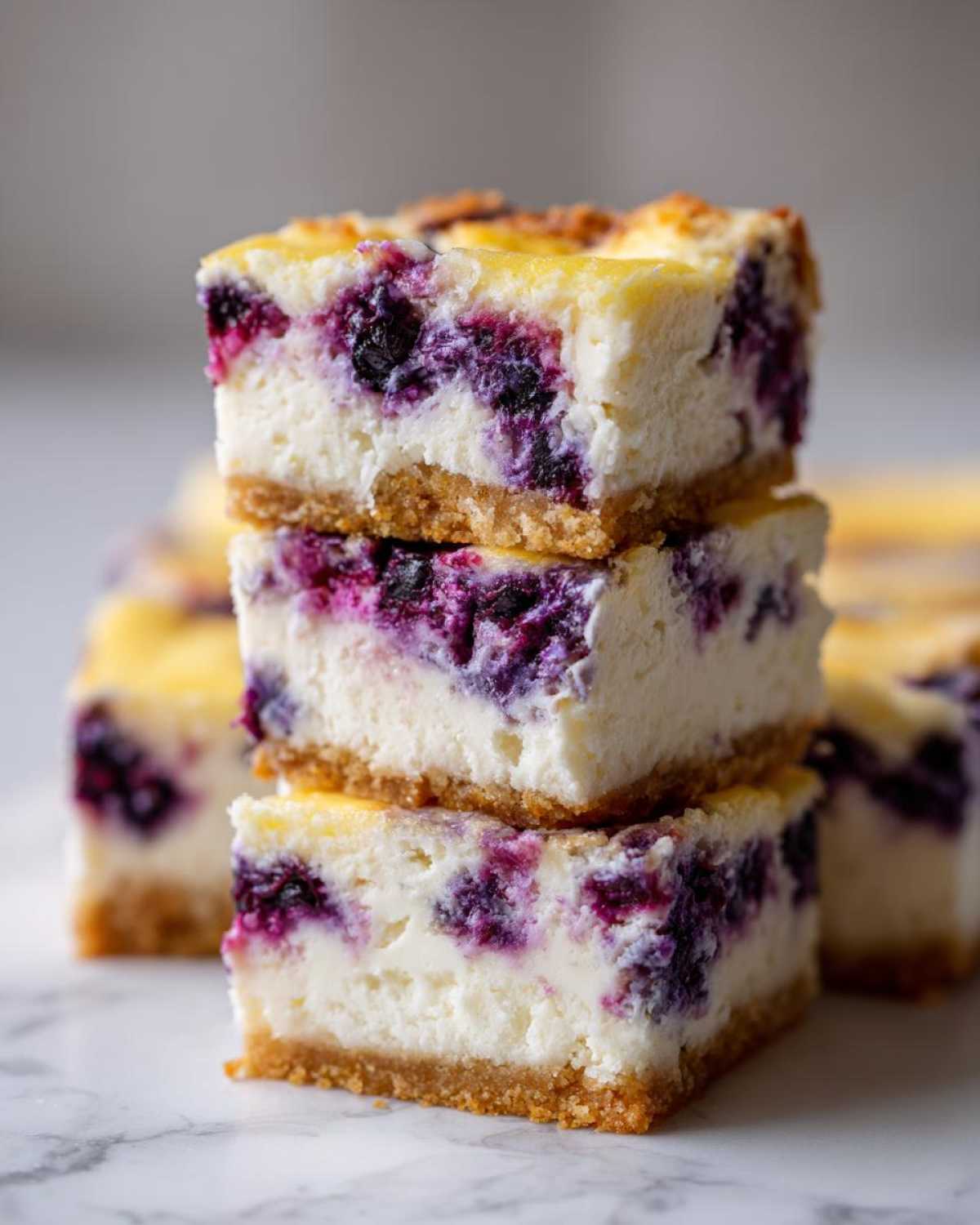 Three Gluten-Free Lemon Blueberry Cheesecake Squares stacked on a white marble surface.