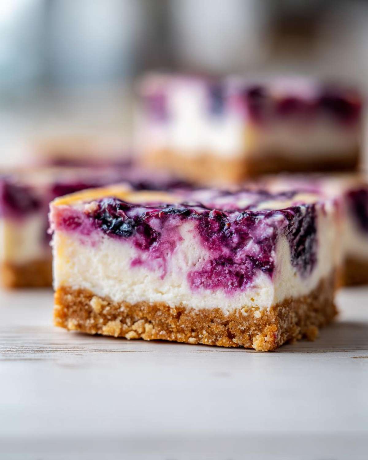 A close-up, macro shot of a single square of Gluten-Free Lemon Blueberry Cheesecake Squares showing the thick graham cracker crust and creamy filling topped with vibrant blueberries.