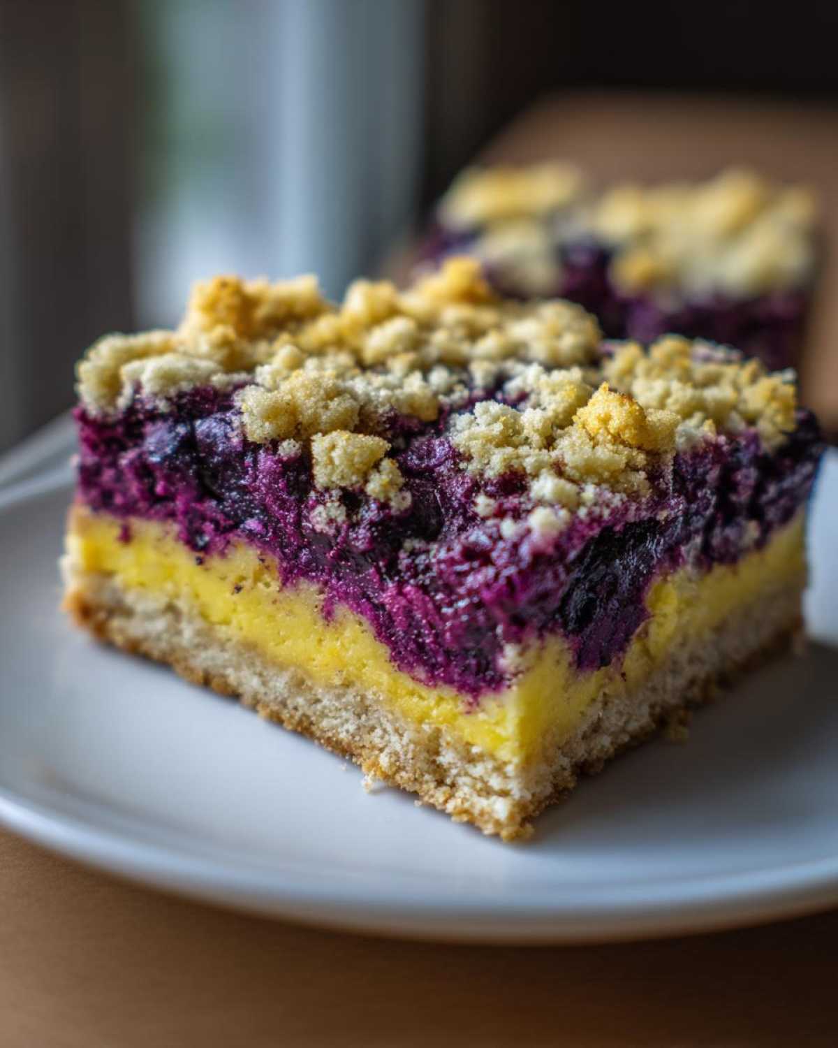 Close-up of a layered Gluten-Free Lemon Blueberry Layer Bars slice showing crust, lemon filling, and blueberry topping.
