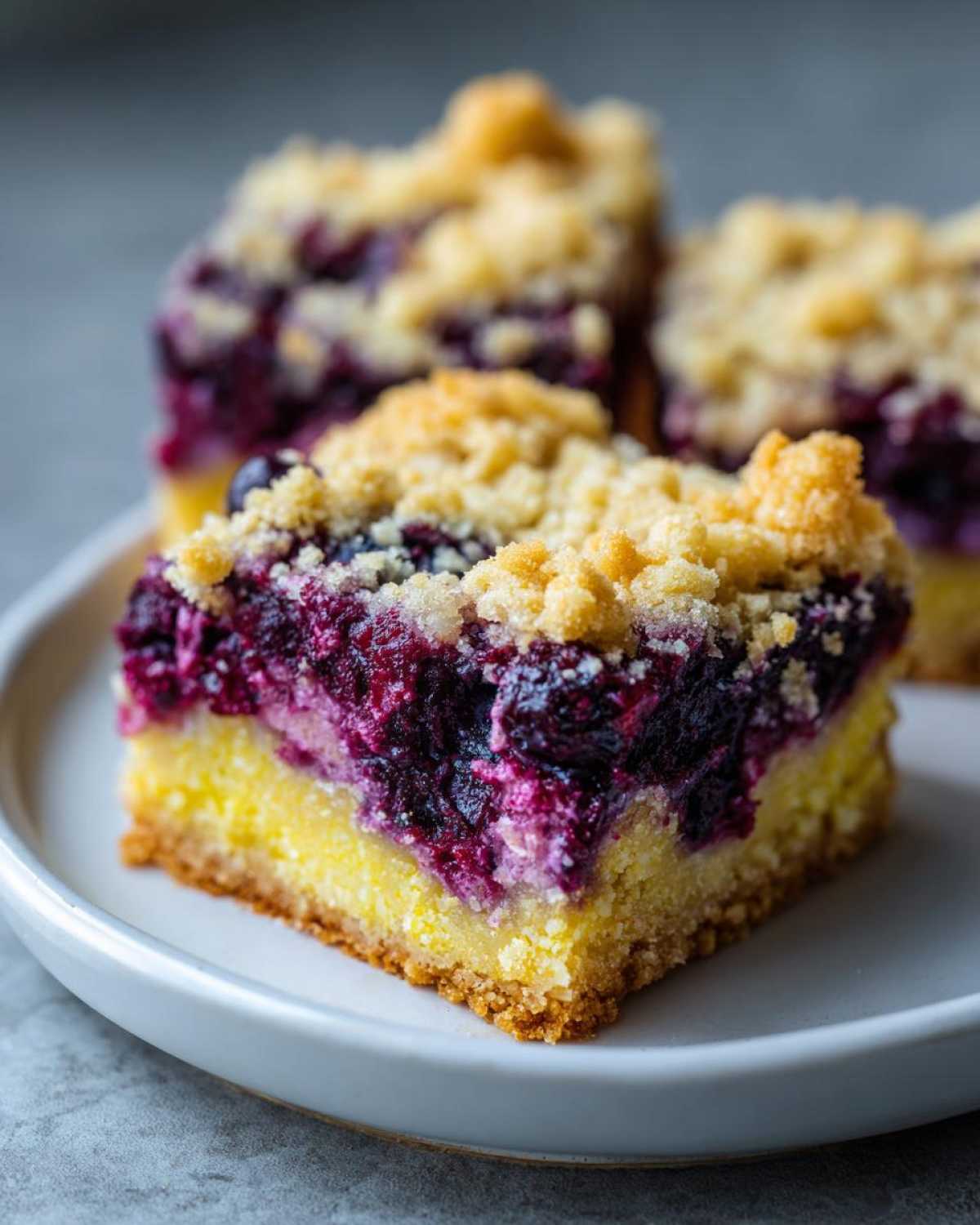 A close-up of a square slice of Gluten-Free Lemon Blueberry Layer Bars showing the crust, lemon filling, and blueberry topping.