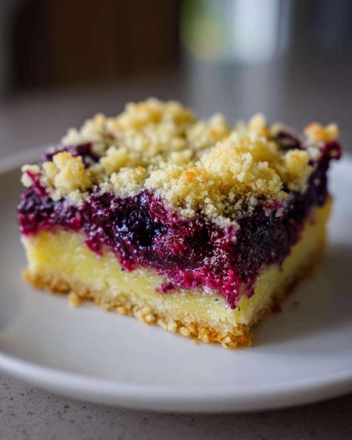 Close-up of one square slice of Gluten-Free Lemon Blueberry Layer Bars with a crumb topping.