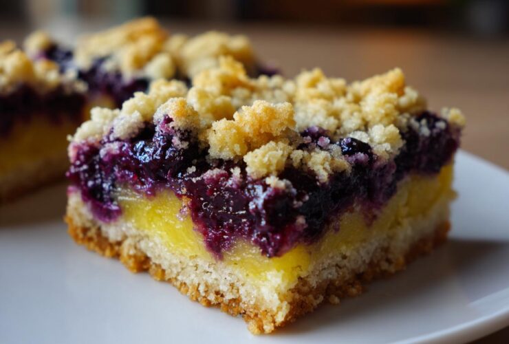 A close-up shot of a square slice of Gluten-Free Lemon Blueberry Layer Bars showing the crumbly base, bright lemon filling, and dark blueberry topping.