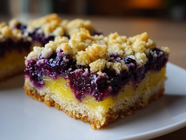 A close-up shot of a square slice of Gluten-Free Lemon Blueberry Layer Bars showing the crumbly base, bright lemon filling, and dark blueberry topping.