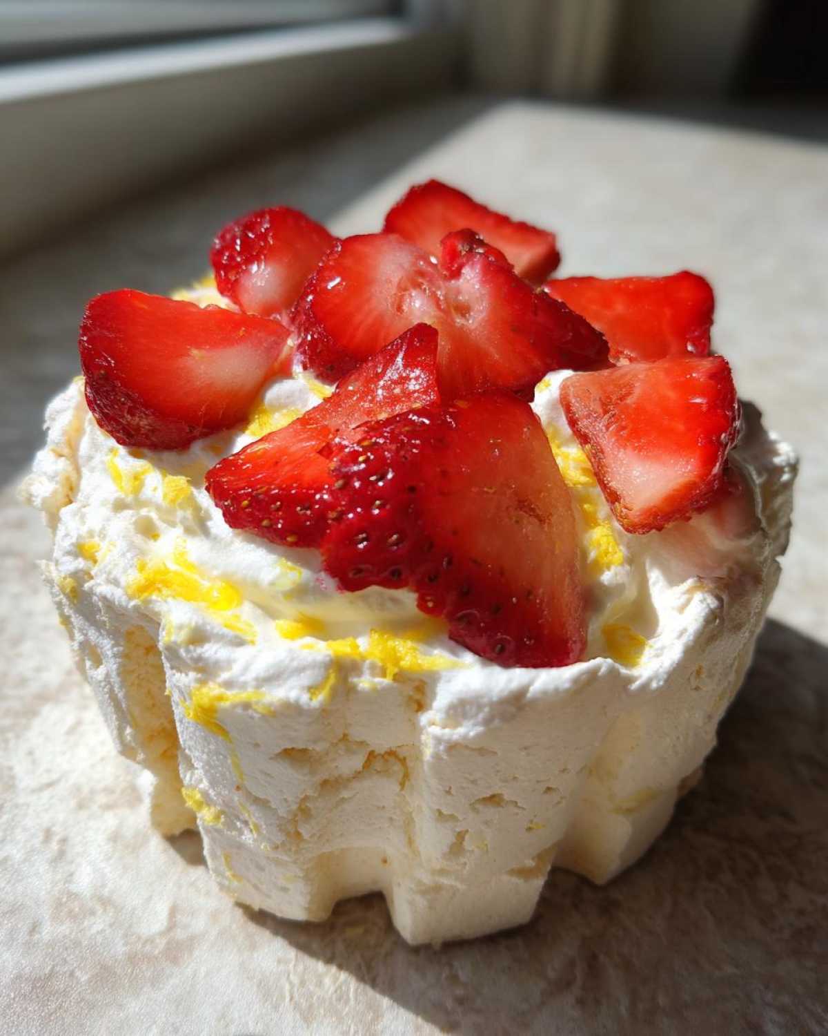 Close-up of a Gluten-Free Lemon Strawberry Angel Food Cup topped with whipped cream and fresh sliced strawberries.