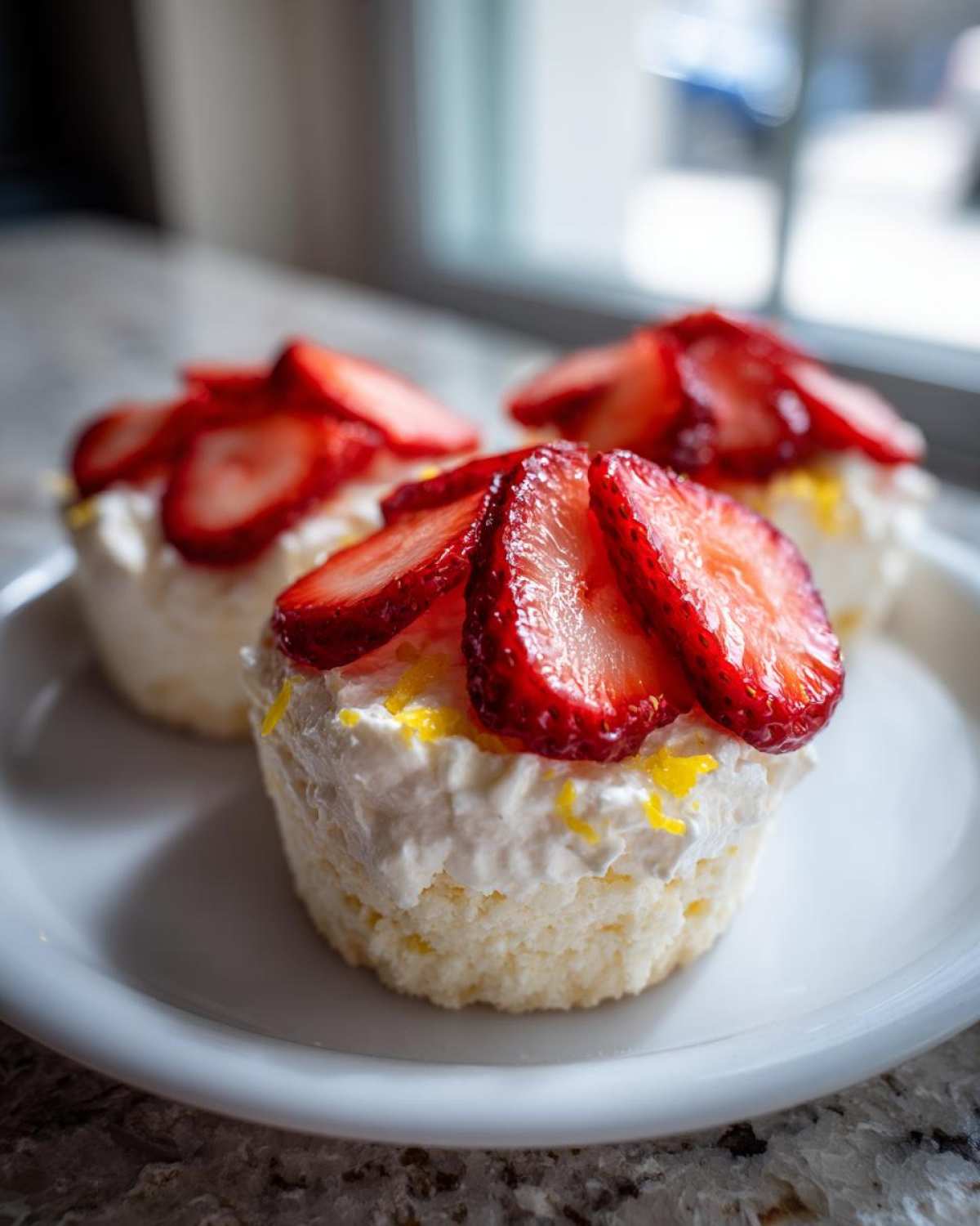 Three Gluten-Free Lemon Strawberry Angel Food Cups topped with whipped cream and fresh sliced strawberries.
