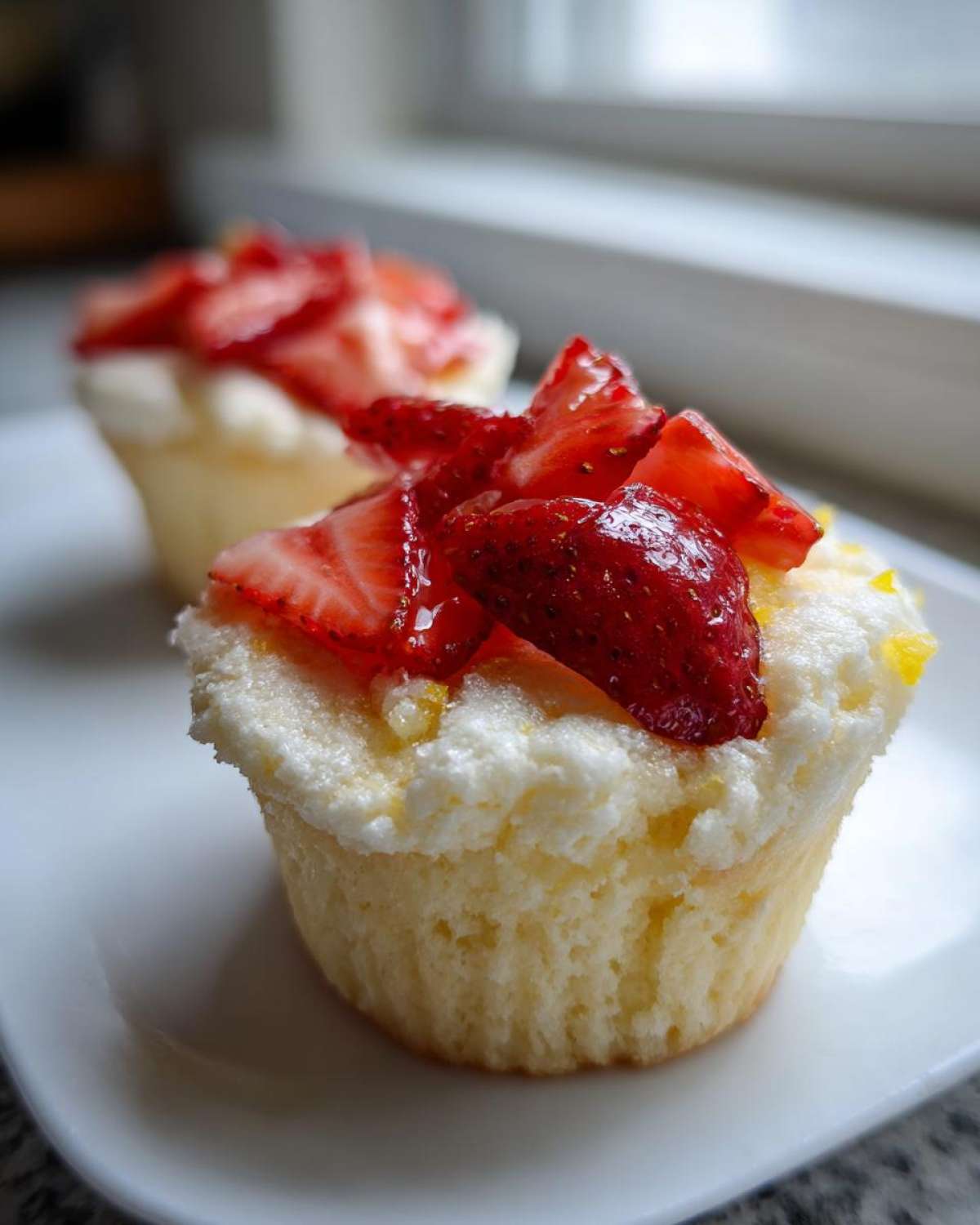 Close-up of a Gluten-Free Lemon Strawberry Angel Food Cup topped with whipped topping and fresh sliced strawberries.
