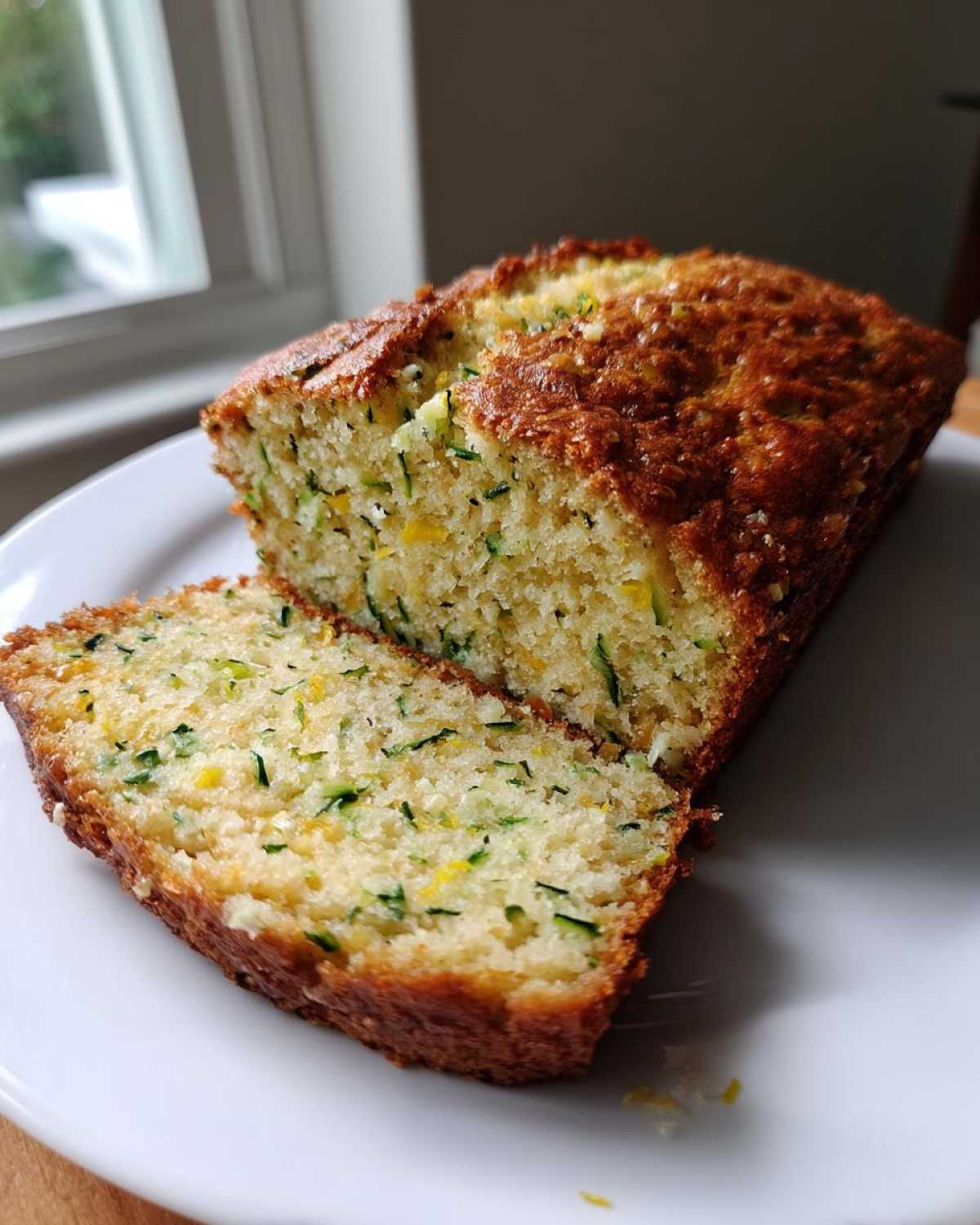 A loaf of moist Gluten-Free Lemon Zucchini Bread, sliced to show the green zucchini shreds inside.