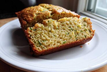 Close-up of a thick slice of moist Gluten-Free Lemon Zucchini Bread showing green zucchini shreds and yellow zest.