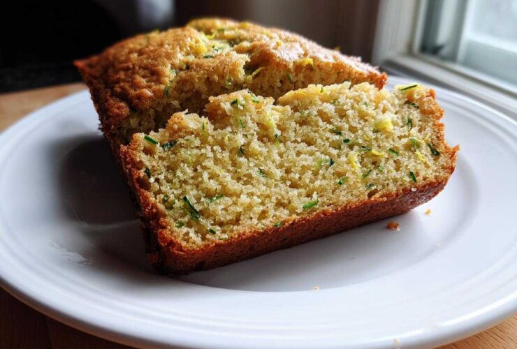 Close-up of a thick slice of moist Gluten-Free Lemon Zucchini Bread showing green zucchini shreds and yellow zest.
