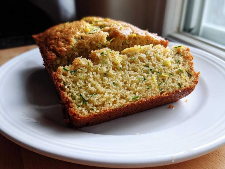 Close-up of a thick slice of moist Gluten-Free Lemon Zucchini Bread showing green zucchini shreds and yellow zest.