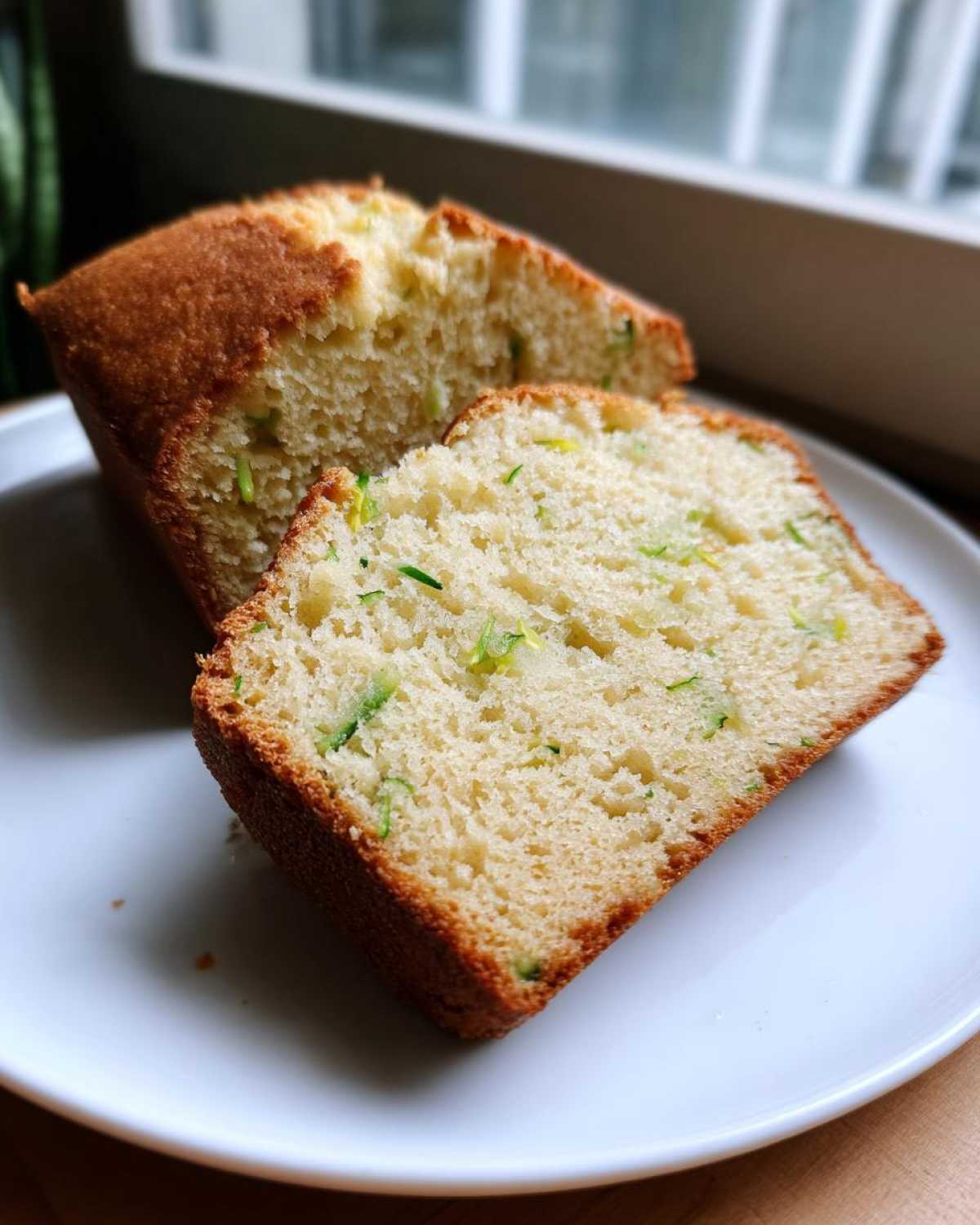Close-up of two slices of moist Gluten-Free Lemon Zucchini Bread showing green zucchini shreds in the crumb.