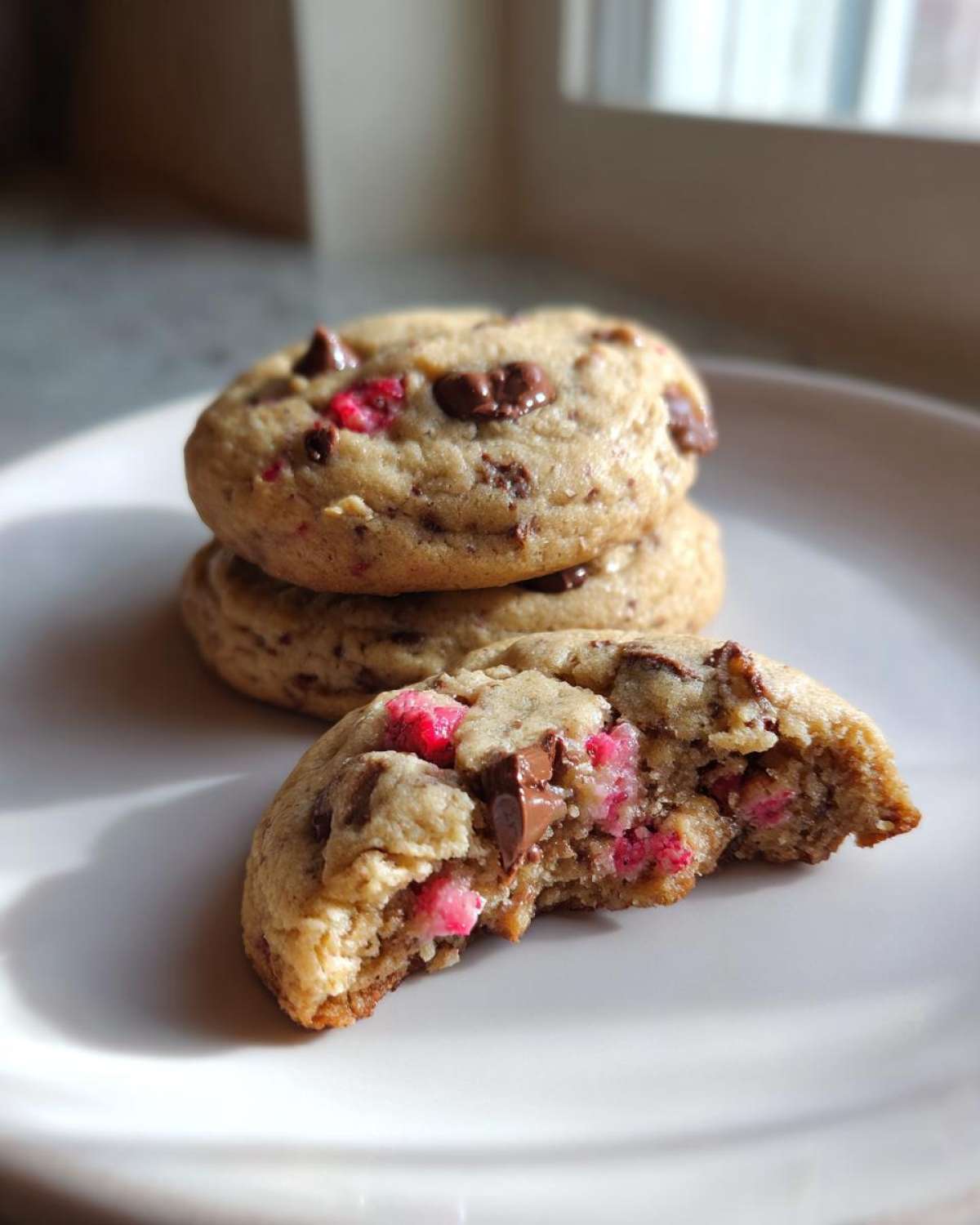 A stack of Gluten-Free Strawberry Chocolate Chip Cookies with one cookie bitten into, showing melted chocolate and pink strawberry pieces.