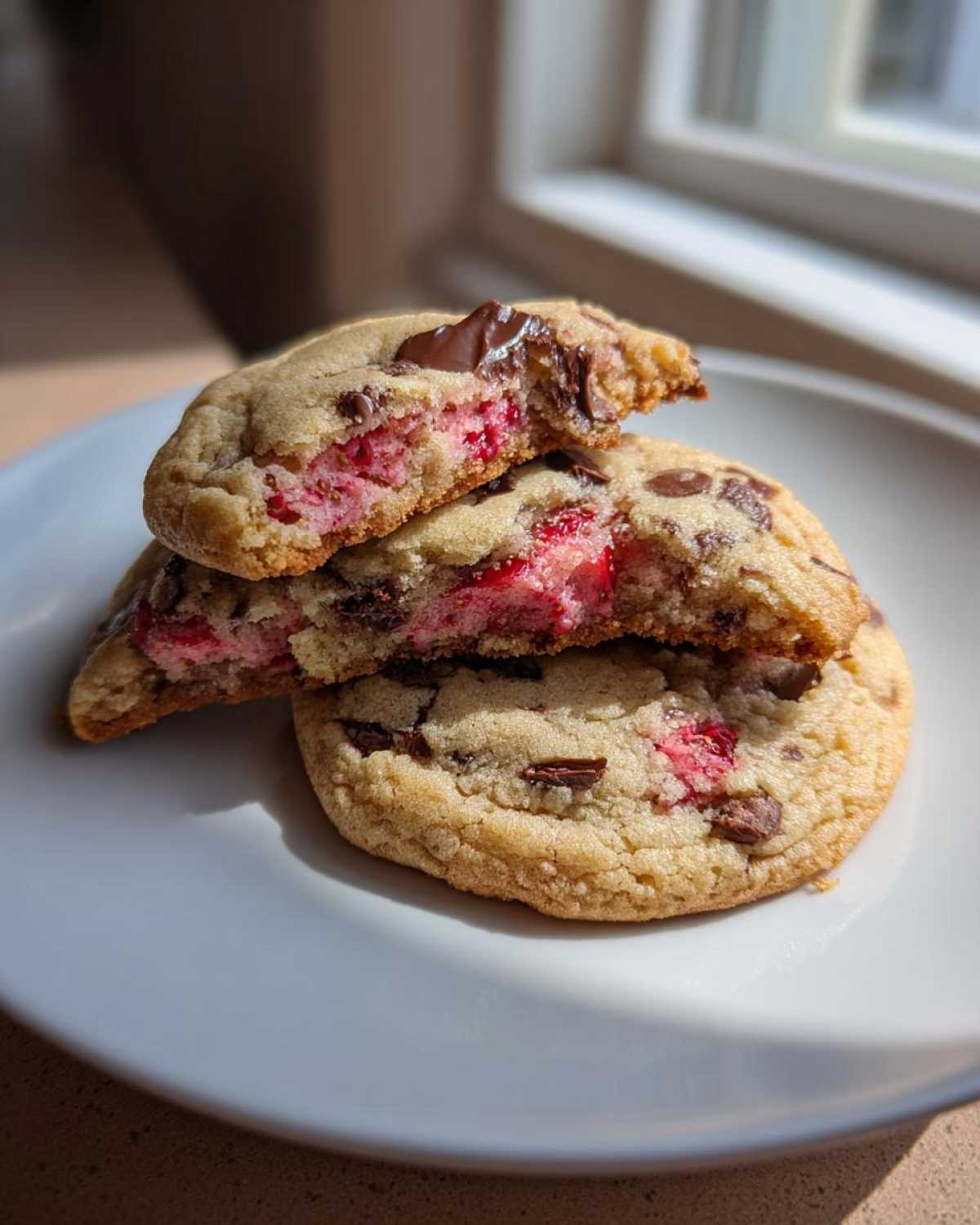 Close-up of Gluten-Free Strawberry Chocolate Chip Cookies, one broken open revealing the pink strawberry filling and melted chocolate chips.
