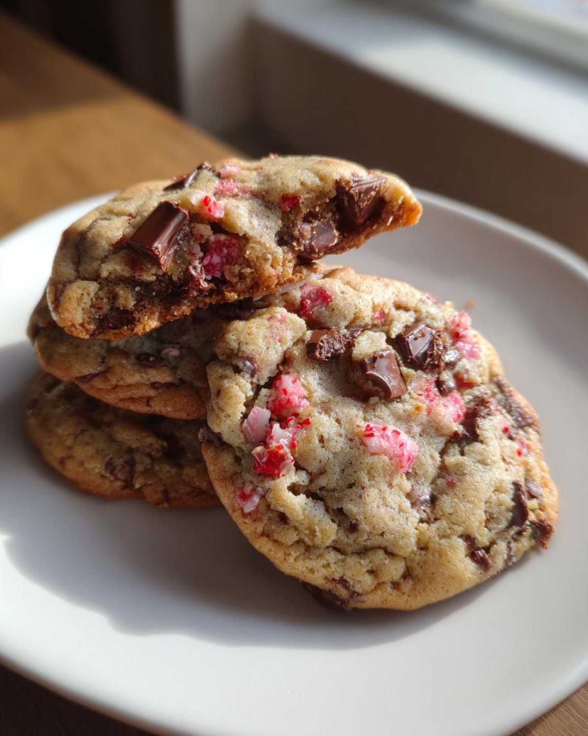 A stack of soft, chewy Gluten-Free Strawberry Chocolate Chip Cookies with visible chocolate chunks and pink strawberry pieces.