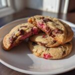 A stack of warm Gluten-Free Strawberry Chocolate Chip Cookies, one broken open showing melted chocolate and pink strawberry filling.
