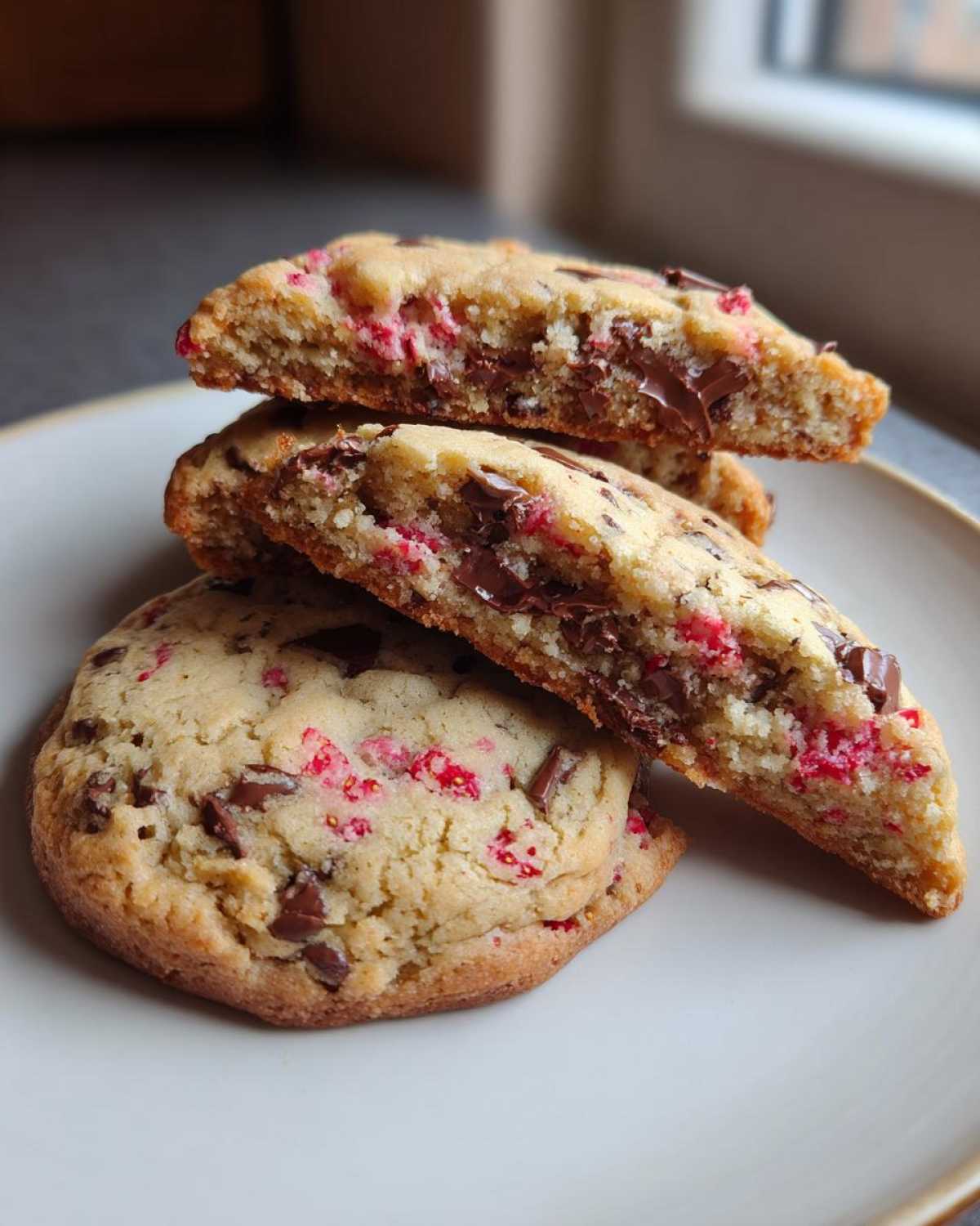 Close-up of soft Gluten-Free Strawberry Chocolate Chip Cookies, showing gooey melted chocolate and pink strawberry pieces inside.