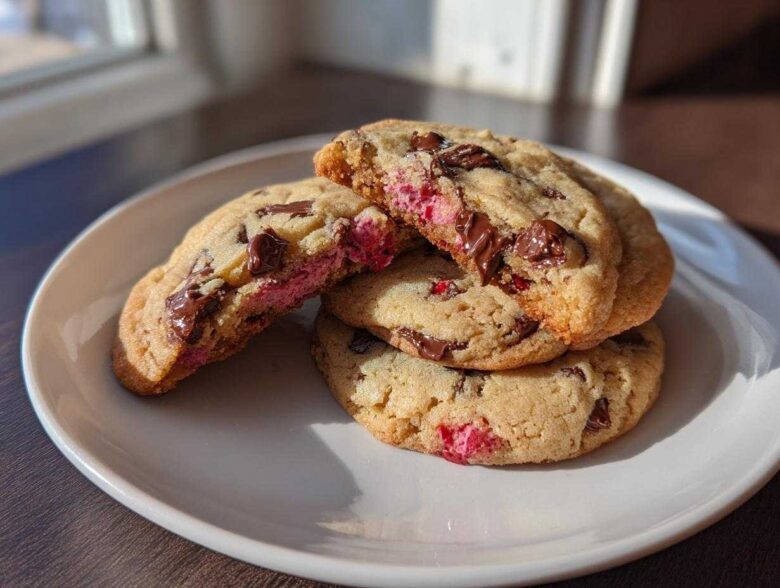 A stack of warm Gluten-Free Strawberry Chocolate Chip Cookies, one broken open showing melted chocolate and pink strawberry filling.