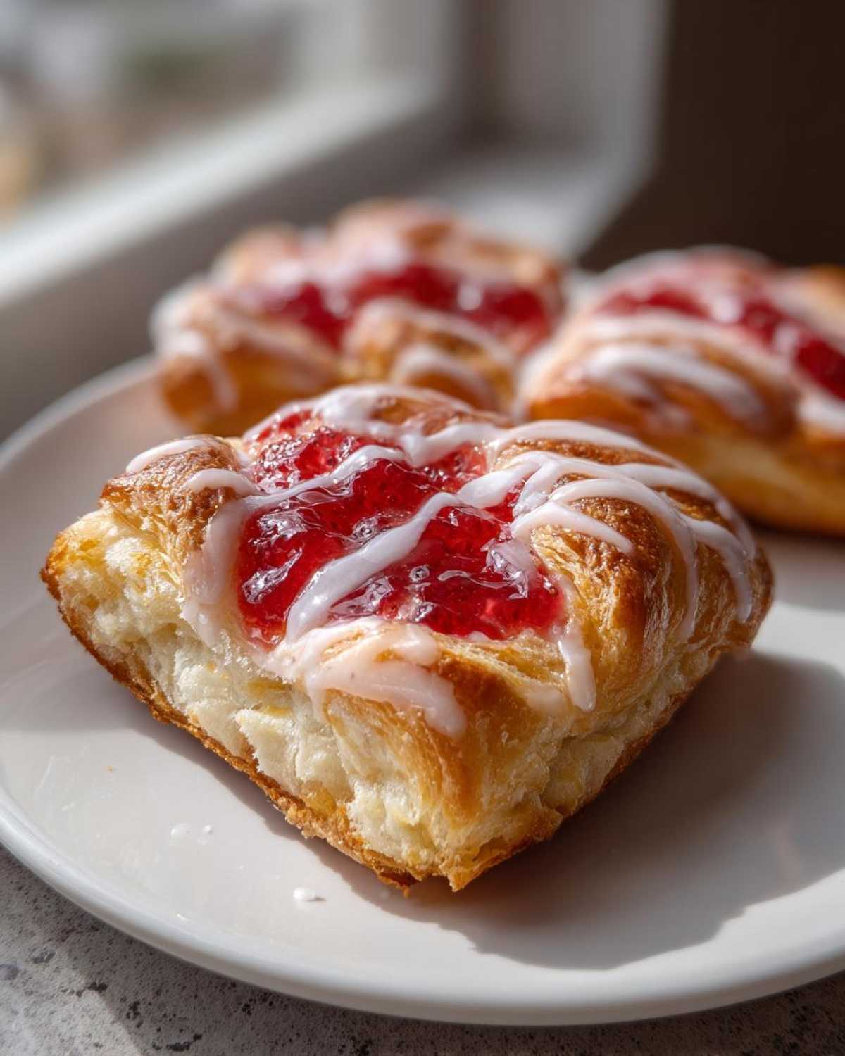 A close-up of a flaky Gluten-Free Strawberry Cream Cheese Danish topped with bright red jam and white icing drizzle.