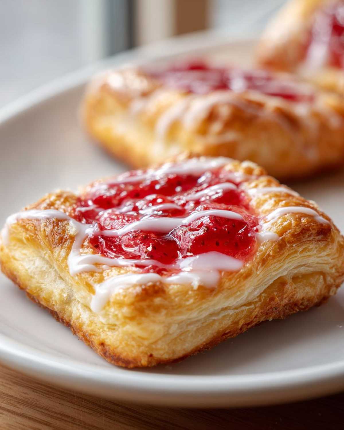 A close-up of a flaky, golden Gluten-Free Strawberry Cream Cheese Danish topped with bright red strawberry filling and white icing.